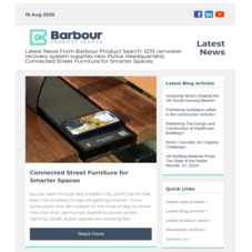 Latest News From Barbour Product Search:  Connected Street Furniture for Smarter Spaces |  Fire-rated acoustic hoarding for low-disruption renovations